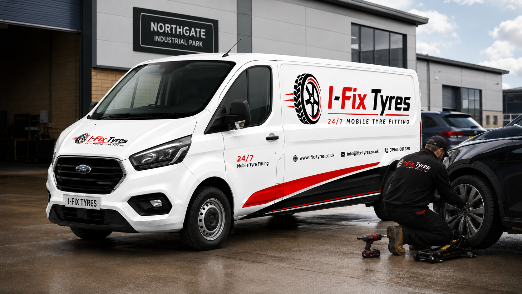 I-Fix Tyres engineer fitting tyres at a workplace