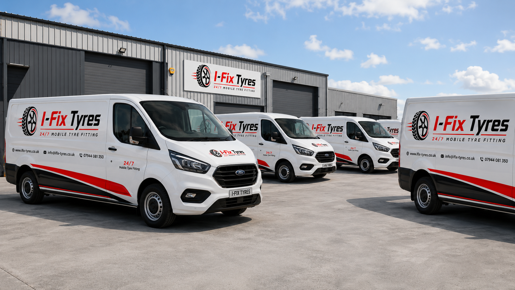 I-Fix Tyres fleet of mobile tyre fitting vans at depot